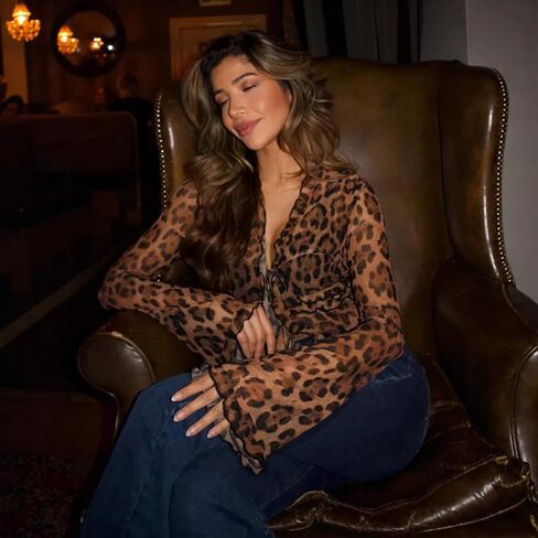 Leopard Print Mesh Top Women Ruffled Flared Sleeve Tie Front Sheer Slim Fit Layering Blouse in Saudi Arabia