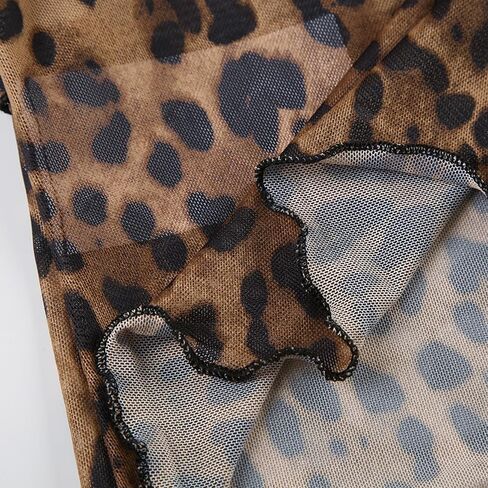 Leopard Print Mesh Top Women Ruffled Flared Sleeve Tie Front Sheer Slim Fit Layering Blouse in Saudi Arabia