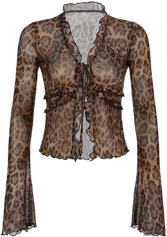 Leopard Print Mesh Top Women Ruffled Flared Sleeve Tie Front Sheer Slim Fit Layering Blouse in Saudi Arabia