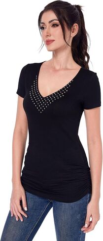 AmélieBoutik Women Casual Studded V-Neck Ruched Side Slim Fitted Short Sleeve Blouse Tops in Saudi Arabia