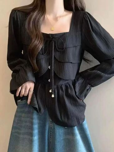 Women Ruffle Trim Floral Button Cute Blouse Lantern Long Sleeve Tops Vintage Shirts in Saudi Arabia