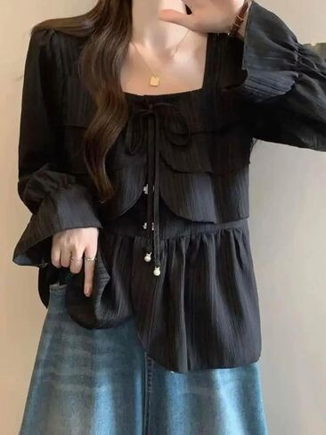 Women Ruffle Trim Floral Button Cute Blouse Lantern Long Sleeve Tops Vintage Shirts in Saudi Arabia