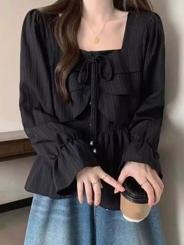 Women Ruffle Trim Floral Button Cute Blouse Lantern Long Sleeve Tops Vintage Shirts in Saudi Arabia