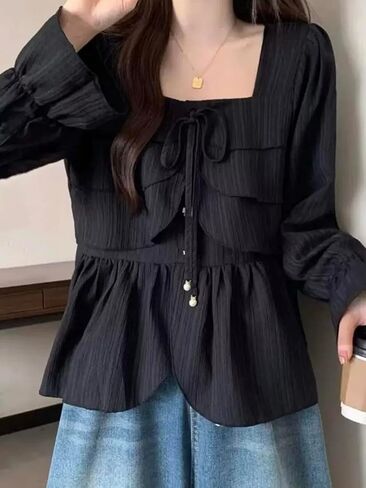 Women Ruffle Trim Floral Button Cute Blouse Lantern Long Sleeve Tops Vintage Shirts in Saudi Arabia