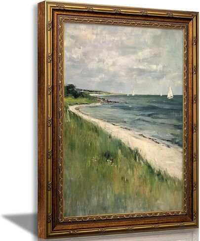 Vintage Gold Framed Coastal Seaside Canvas Wall Art Soft Sea View Beach House Prints Sketch Beach Wall Decor Ocean Atmosphere Plants Style Poster Print Artwork for Living Room Bedroom Home Decoration in Saudi Arabia