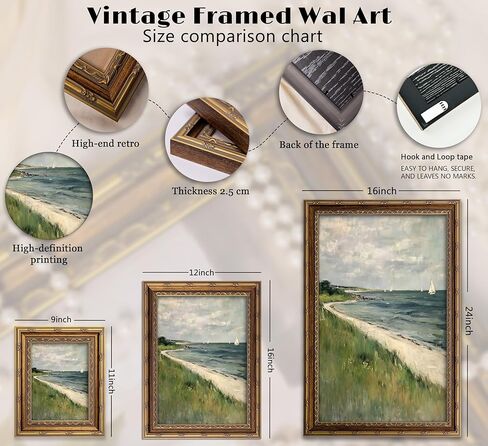 Vintage Gold Framed Coastal Seaside Canvas Wall Art Soft Sea View Beach House Prints Sketch Beach Wall Decor Ocean Atmosphere Plants Style Poster Print Artwork for Living Room Bedroom Home Decoration in Saudi Arabia