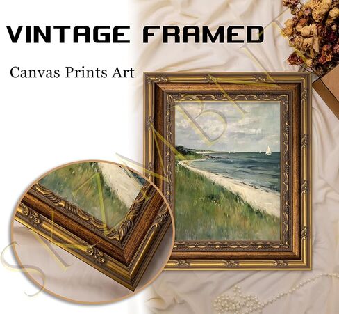Vintage Gold Framed Coastal Seaside Canvas Wall Art Soft Sea View Beach House Prints Sketch Beach Wall Decor Ocean Atmosphere Plants Style Poster Print Artwork for Living Room Bedroom Home Decoration in Saudi Arabia