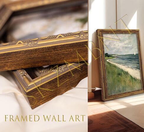 Vintage Gold Framed Coastal Seaside Canvas Wall Art Soft Sea View Beach House Prints Sketch Beach Wall Decor Ocean Atmosphere Plants Style Poster Print Artwork for Living Room Bedroom Home Decoration in Saudi Arabia