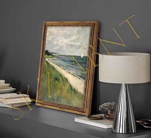 Vintage Gold Framed Coastal Seaside Canvas Wall Art Soft Sea View Beach House Prints Sketch Beach Wall Decor Ocean Atmosphere Plants Style Poster Print Artwork for Living Room Bedroom Home Decoration in Saudi Arabia
