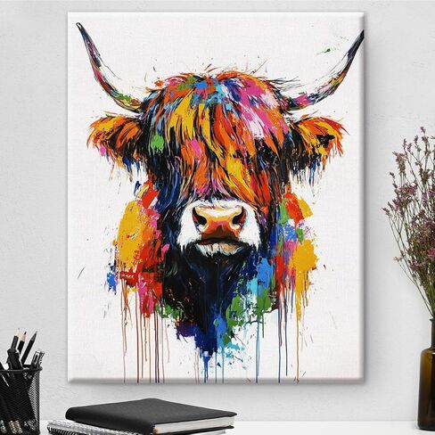Colorful Highland Cow Wall Art Decor Modern Cow Canvas Print Poster Painting Pictures Animal Artwork Framed for Home Bedroom Bathroom Office Wall Decoration 8x10 Inches in Saudi Arabia