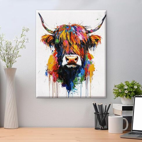 Colorful Highland Cow Wall Art Decor Modern Cow Canvas Print Poster Painting Pictures Animal Artwork Framed for Home Bedroom Bathroom Office Wall Decoration 8x10 Inches in Saudi Arabia