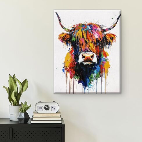 Colorful Highland Cow Wall Art Decor Modern Cow Canvas Print Poster Painting Pictures Animal Artwork Framed for Home Bedroom Bathroom Office Wall Decoration 8x10 Inches in Saudi Arabia