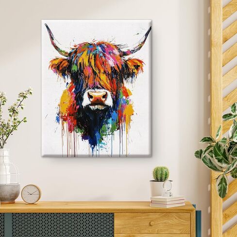 Colorful Highland Cow Wall Art Decor Modern Cow Canvas Print Poster Painting Pictures Animal Artwork Framed for Home Bedroom Bathroom Office Wall Decoration 8x10 Inches in Saudi Arabia