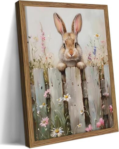 Framed Easter Bunny Wall Art, Cute Rabbit on Wooden Fence Poster Prints, Vintage Cottage Farmhouse Canvas Artwork, Rustic Easter Holiday Wall Decor for Kids Room Girls Bedroom Living Room 8x10in in Saudi Arabia