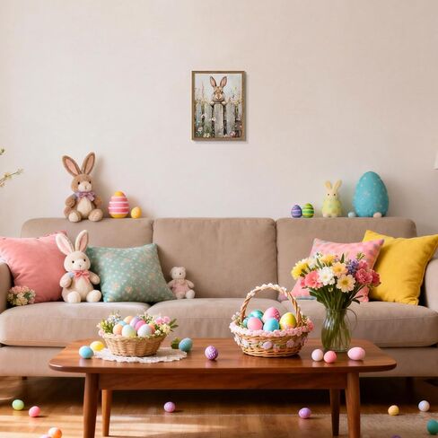 Framed Easter Bunny Wall Art, Cute Rabbit on Wooden Fence Poster Prints, Vintage Cottage Farmhouse Canvas Artwork, Rustic Easter Holiday Wall Decor for Kids Room Girls Bedroom Living Room 8x10in in Saudi Arabia