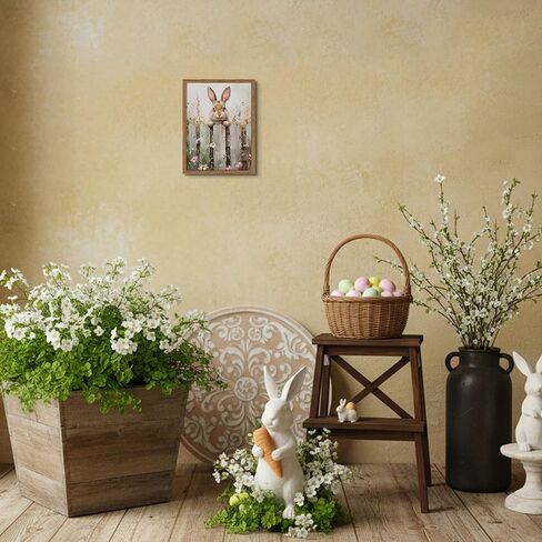 Framed Easter Bunny Wall Art, Cute Rabbit on Wooden Fence Poster Prints, Vintage Cottage Farmhouse Canvas Artwork, Rustic Easter Holiday Wall Decor for Kids Room Girls Bedroom Living Room 8x10in in Saudi Arabia