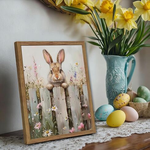 Framed Easter Bunny Wall Art, Cute Rabbit on Wooden Fence Poster Prints, Vintage Cottage Farmhouse Canvas Artwork, Rustic Easter Holiday Wall Decor for Kids Room Girls Bedroom Living Room 8x10in in Saudi Arabia