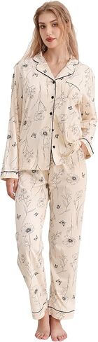 100% Cotton Pajamas for Women 2 Piece PJs Set Purple L Long Sleeve with 3 Pockets Button Down Sleepwear in Saudi Arabia