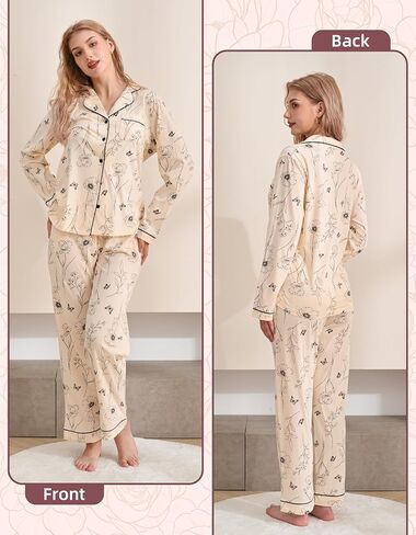100% Cotton Pajamas for Women 2 Piece PJs Set Purple L Long Sleeve with 3 Pockets Button Down Sleepwear in Saudi Arabia