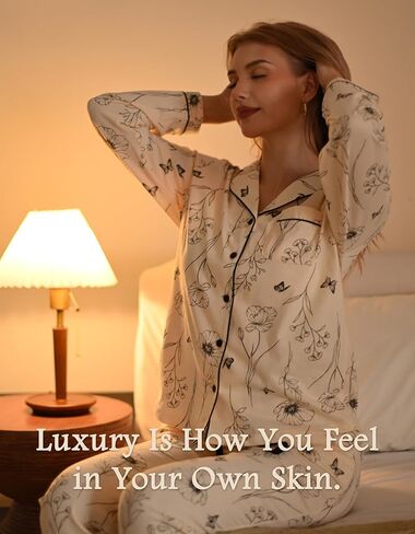 100% Cotton Pajamas for Women 2 Piece PJs Set Purple L Long Sleeve with 3 Pockets Button Down Sleepwear in Saudi Arabia