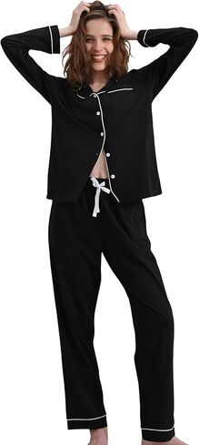 100% Cotton Pajamas for Women 2 Piece PJs Set Purple L Long Sleeve with 3 Pockets Button Down Sleepwear in Saudi Arabia