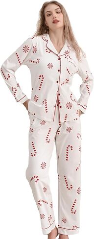 100% Cotton Pajamas for Women 2 Piece PJs Set Purple L Long Sleeve with 3 Pockets Button Down Sleepwear in Saudi Arabia