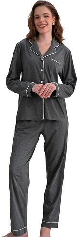 100% Cotton Pajamas for Women 2 Piece PJs Set Purple L Long Sleeve with 3 Pockets Button Down Sleepwear in Saudi Arabia