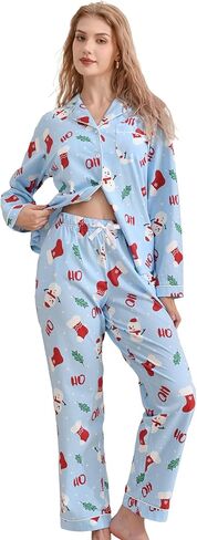 100% Cotton Pajamas for Women 2 Piece PJs Set Purple L Long Sleeve with 3 Pockets Button Down Sleepwear in Saudi Arabia