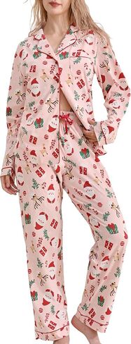 100% Cotton Pajamas for Women 2 Piece PJs Set Purple L Long Sleeve with 3 Pockets Button Down Sleepwear in Saudi Arabia