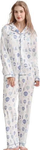 100% Cotton Pajamas for Women 2 Piece PJs Set Purple L Long Sleeve with 3 Pockets Button Down Sleepwear in Saudi Arabia