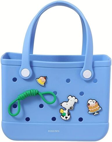MINISO Snoopy silicone perforated tote bag with charm, openwork design, blue, pink, and beige. in Kuwait