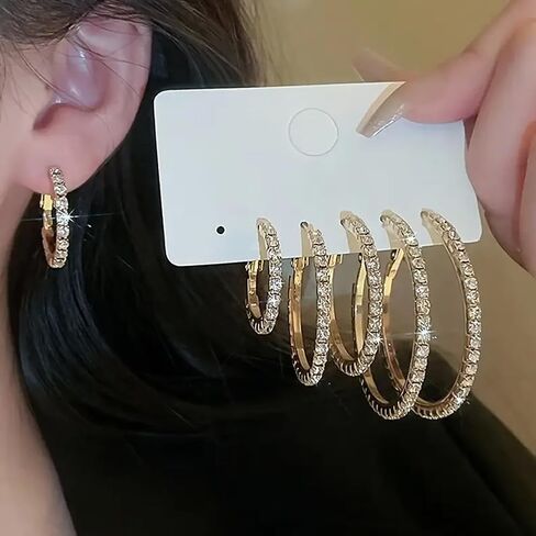 3 Pairs Rhinestone Earrings 14K Gold Plated Hoop Earrings Crystal Hoop Earring Sparkly Big Circle Stud Ears Jewelry for Women in Saudi Arabia