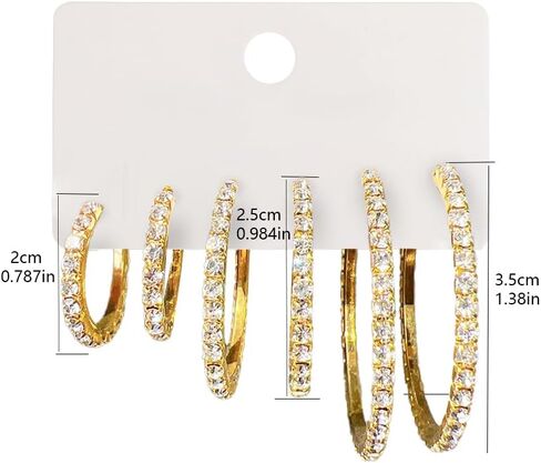 3 Pairs Rhinestone Earrings 14K Gold Plated Hoop Earrings Crystal Hoop Earring Sparkly Big Circle Stud Ears Jewelry for Women in Saudi Arabia