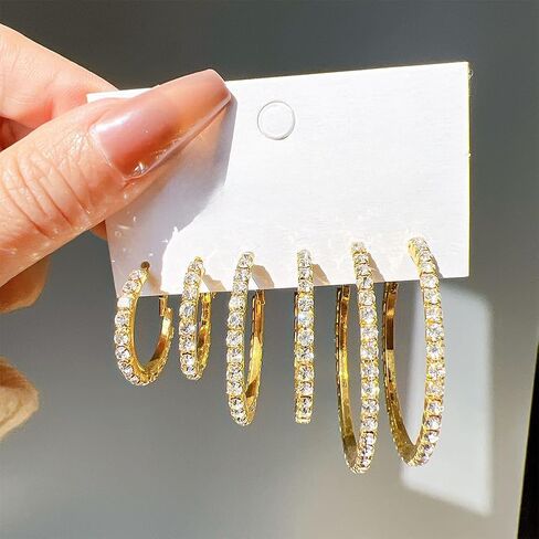 3 Pairs Rhinestone Earrings 14K Gold Plated Hoop Earrings Crystal Hoop Earring Sparkly Big Circle Stud Ears Jewelry for Women in Saudi Arabia