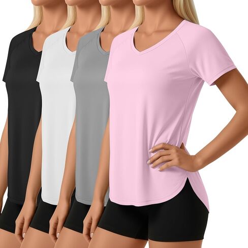 4 Pack Women's Short Sleeve Workout Shirts V Neck Slim Fit Blouses with Curved Hem Gym Yoga Activewear in Saudi Arabia