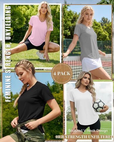 4 Pack Women's Short Sleeve Workout Shirts V Neck Slim Fit Blouses with Curved Hem Gym Yoga Activewear in Saudi Arabia
