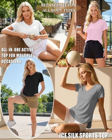4 Pack Women's Short Sleeve Workout Shirts V Neck Slim Fit Blouses with Curved Hem Gym Yoga Activewear in Saudi Arabia