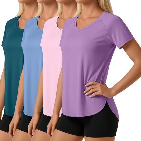 4 Pack Women's Short Sleeve Workout Shirts V Neck Slim Fit Blouses with Curved Hem Gym Yoga Activewear in Saudi Arabia