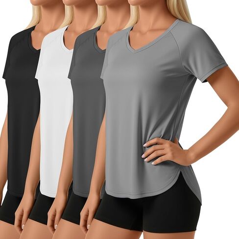 4 Pack Women's Short Sleeve Workout Shirts V Neck Slim Fit Blouses with Curved Hem Gym Yoga Activewear in Saudi Arabia