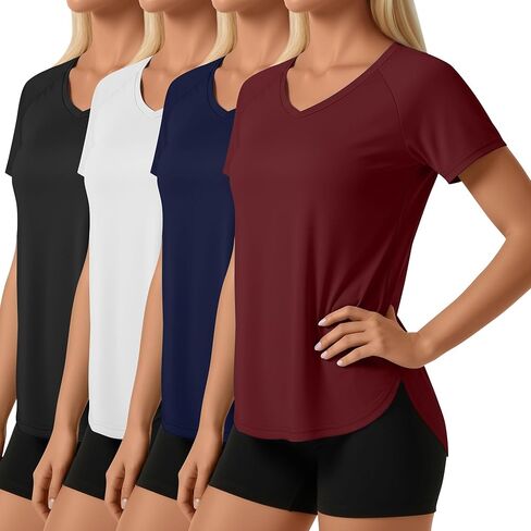 4 Pack Women's Short Sleeve Workout Shirts V Neck Slim Fit Blouses with Curved Hem Gym Yoga Activewear in Saudi Arabia