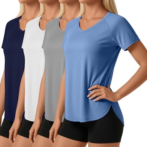 4 Pack Women's Short Sleeve Workout Shirts V Neck Slim Fit Blouses with Curved Hem Gym Yoga Activewear in Saudi Arabia