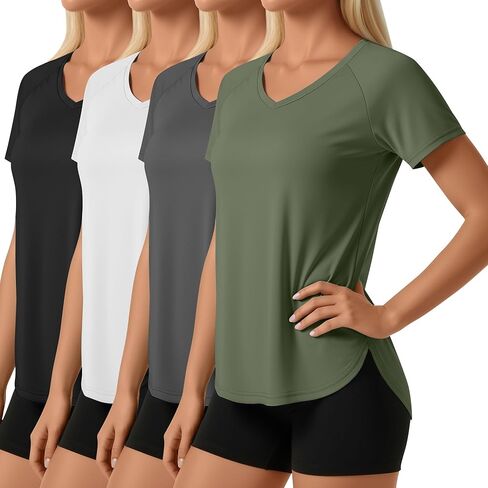 4 Pack Women's Short Sleeve Workout Shirts V Neck Slim Fit Blouses with Curved Hem Gym Yoga Activewear in Saudi Arabia