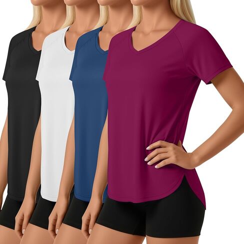 4 Pack Women's Short Sleeve Workout Shirts V Neck Slim Fit Blouses with Curved Hem Gym Yoga Activewear in Saudi Arabia