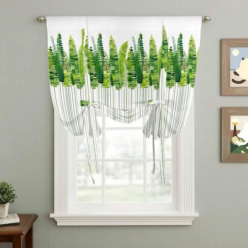 Spring Plants Tie Up Curtains for Window, Modern Minimalist Leaves Lines Green Thermal Insulated Balloon Shade Adjustable Rod Pocket Curtains Valance Panels for Kitchen Bathroom Café 42'' x 45'' in Saudi Arabia