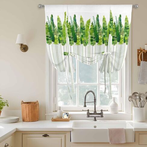 Spring Plants Tie Up Curtains for Window, Modern Minimalist Leaves Lines Green Thermal Insulated Balloon Shade Adjustable Rod Pocket Curtains Valance Panels for Kitchen Bathroom Café 42'' x 45'' in Saudi Arabia