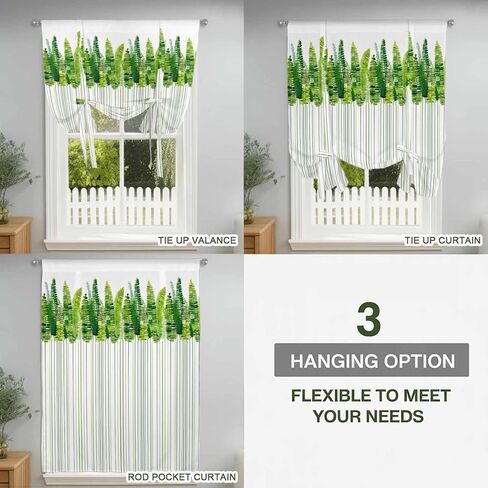 Spring Plants Tie Up Curtains for Window, Modern Minimalist Leaves Lines Green Thermal Insulated Balloon Shade Adjustable Rod Pocket Curtains Valance Panels for Kitchen Bathroom Café 42'' x 45'' in Saudi Arabia