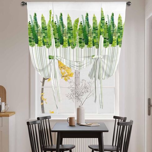 Spring Plants Tie Up Curtains for Window, Modern Minimalist Leaves Lines Green Thermal Insulated Balloon Shade Adjustable Rod Pocket Curtains Valance Panels for Kitchen Bathroom Café 42'' x 45'' in Saudi Arabia