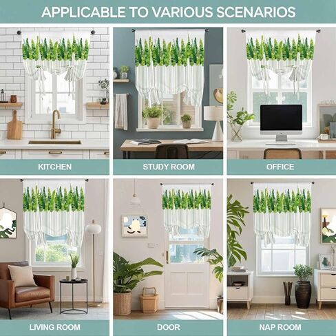 Spring Plants Tie Up Curtains for Window, Modern Minimalist Leaves Lines Green Thermal Insulated Balloon Shade Adjustable Rod Pocket Curtains Valance Panels for Kitchen Bathroom Café 42'' x 45'' in Saudi Arabia