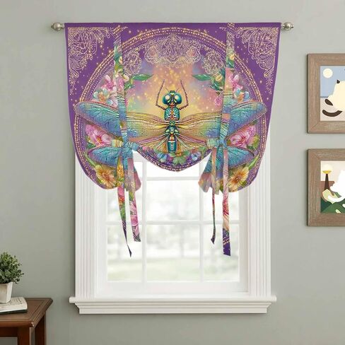 Purple Dragonfly Tie Up Curtains for Window, Colorful Flowers Watercolor Chic Floral Plant Thermal Insulated Balloon Shade Rod Pocket Curtains Valance Panels for Kitchen Bathroom Café 34'' x 45'' in Saudi Arabia
