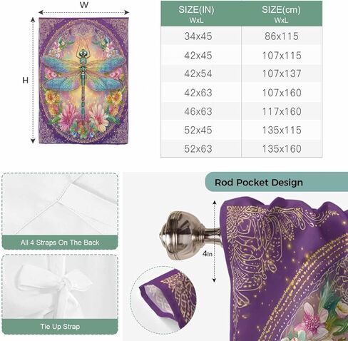 Purple Dragonfly Tie Up Curtains for Window, Colorful Flowers Watercolor Chic Floral Plant Thermal Insulated Balloon Shade Rod Pocket Curtains Valance Panels for Kitchen Bathroom Café 34'' x 45'' in Saudi Arabia